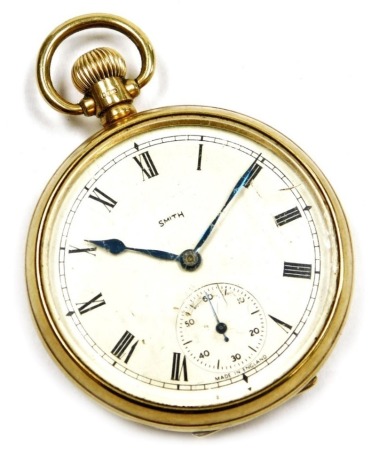 A Smiths gentleman's 9ct gold cased pocket watch, open faced, keyless wind, circular enamel dial bearing Roman numerals, subsidiary seconds dial, gold cuvette, the case of plain form, back presentation engraved, 89g all in.