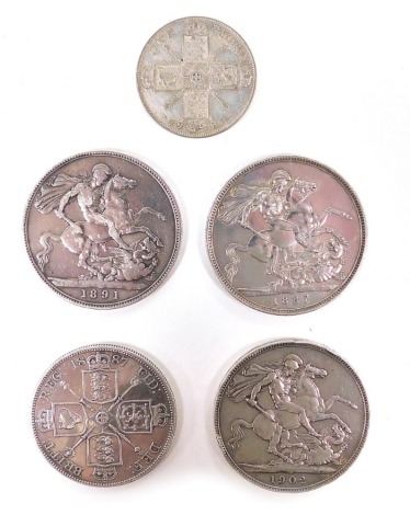 A group of 19thC and later silver coinage, comprising three crowns dated 1887, 1891 and 1902, together with an 1887 double florin, and a 1925 florin, 118g.