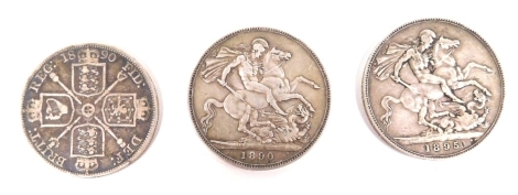 A silver Queen Victoria 1890 double florin, together with two silver Victorian crowns, dated 1890 and 1895, 78.2g. (3)