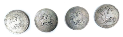 Three George III silver crowns, dates rubbed, together with a George III silver 1821 crown, 107.4g.