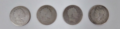 Three George III silver crowns, dates rubbed, together with a George III silver 1821 crown, 107.4g. - 2