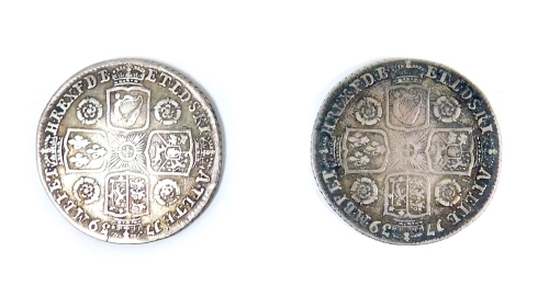 Two George II silver shillings, both dated 1739, 11.7g.