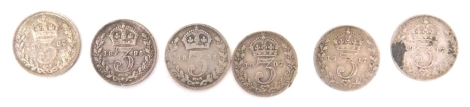 Six Victorian and late threepence Maundy coins, dates for 1898, 1887, 1895, 1907, and 1917 (2).