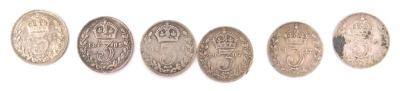 Six Victorian and late threepence Maundy coins, dates for 1898, 1887, 1895, 1907, and 1917 (2).