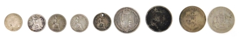 A group of George III and later silver coinage, to include 1817 shilling, Queen Victorian 1887 shilling, William IV four pence dated 1837, drilled, 1836, etc., 29.6g.