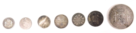 A group of 18thC and later silver world coinage, to include an 1875 Alfonso XII five pesetas coin, a 1772 Carolus III eight Reales coin, etc., 41.2g.