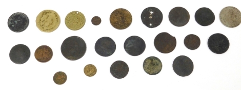 A group of copper coinage and tokens, etc., to include an 1832 Reformation of The Peoples Rights token, Eastern coin, an East Indian Company 1-12 Anna 1835 coin, Maja Goddess of Magic token, etc.