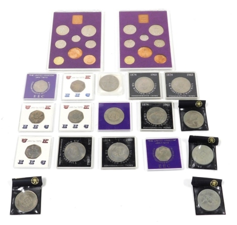 A group of commemorative coinage, to include crowns, Churchill crowns, Queen Elizabeth and Prince Philip Silver Wedding crown, commemorative 50p coins, and two 1970s coinage of Great Britain coin sets.