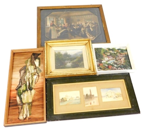 Various pictures, prints, etc., to include a colour stipple engraving depicting a Dutch 18thC tavern scene, 38cm x 50cm, Continental village scene, oil on board, indistinctly signed, 25cm x 27cm, 19thC School, river landscape, oil on board, 18cm x 25cm, e