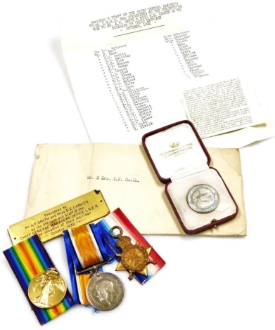 A World War I medal trio, named to Corporal, later Lieutenant A F Smith, 1/6 Gordon Highlanders, 10722, comprising a 1914 star in the rank of Corporal, Great War and Victory medals in the rank of Lieutenant, together with a presentation plaque on the occa