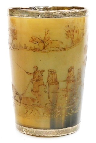 An early 19thC horn beaker, engraved with a coach, figures and four horses, two figures on horseback and hound, houses and a windmill, with white metal mounts, 13cm high.