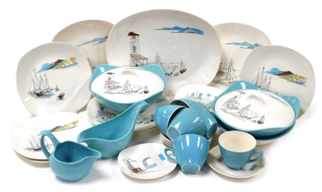 A Midwinter Riviera pattern pottery part dinner and tea service, designed by Sir Hugh Casson, printed marks, to include a pair of tureens and covers, meat platter, teacups, sauce boat, side plates, oval dish, etc. (a quantity)