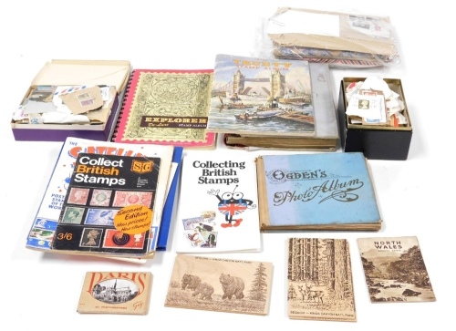 Philately. A group of World and GB stamps, some in albums, many loose, used, a Trusty stamp album containing stamps for France, Germany, China, Canada, an Ogden's photo album, photographs from North Wales, Paris, etc. (1 box)