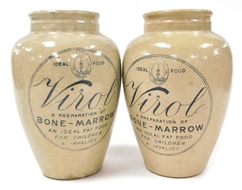 A pair of late 19thC Virol bone marrow stoneware jars, each printed with A Preparation of Bone Marrow, and Ideal Fat For Children and Invalids, 24cm high.