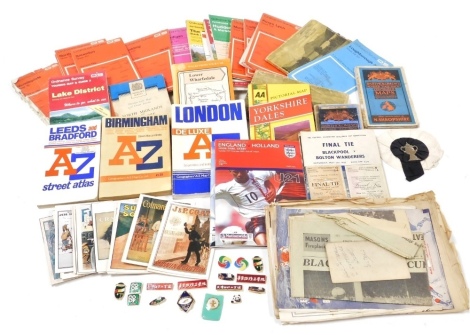 A group of Ordnance Survey maps, for the Lake District, Coventry and Rugby, Cambridge and Ely, together with football memorabilia, relating to Bolton Wanderers FA Cup ties in the 1950's, postcards, enamel badges, etc.