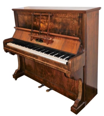 A Victorian walnut and inlaid upright piano, for John Letts of Grantham, with an iron frame, check action and trichord, serial number 1078/546.