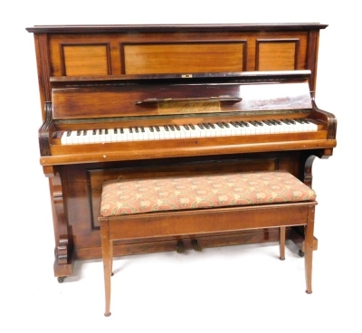 A R. Gors & Kallmann of Berlin rosewood cased upright piano, no. 31732, 134cm wide, together with a mahogany duet piano stool with over stuffed seat, raised on tapering square legs, 91cm wide.