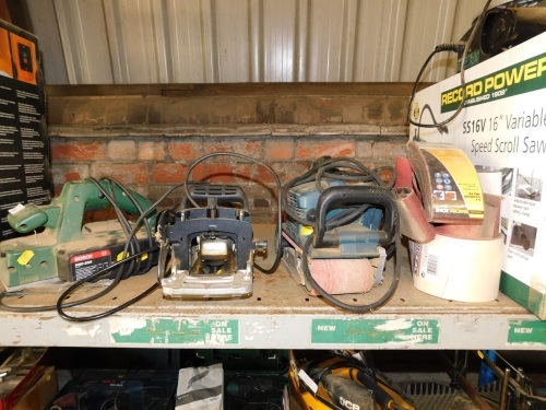 A Bosch PH0200 portable electric planer, together with a Power Craft electric biscuit jointer, and a Bosch electric belt sander and various sanding belts.