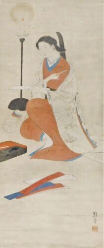 A 19thC Japanese Meiji period painting of a female scholar writing poetry by candlelight, painting on silk, red seal mark and calligraphic writing, 94cm x 41cm.