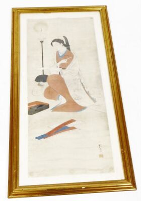 A 19thC Japanese Meiji period painting of a female scholar writing poetry by candlelight, painting on silk, red seal mark and calligraphic writing, 94cm x 41cm. - 2