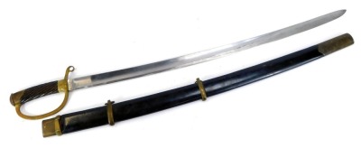 An early 20thC Russian cavalry officer's model 1881 sabre, serial number I9081, the blade stamped 1910, with a leather and brass scabbard and a wooden and brass handle stamped A, 104cm long.