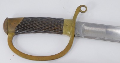 An early 20thC Russian cavalry officer's model 1881 sabre, serial number I9081, the blade stamped 1910, with a leather and brass scabbard and a wooden and brass handle stamped A, 104cm long. - 2