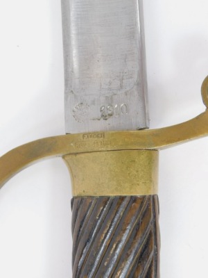 An early 20thC Russian cavalry officer's model 1881 sabre, serial number I9081, the blade stamped 1910, with a leather and brass scabbard and a wooden and brass handle stamped A, 104cm long. - 3