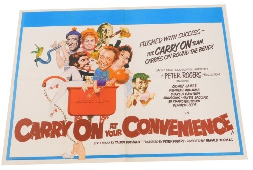 A 1970s film poster for Carry On At Your Convenience, 75cm x 102cm. Mike Bell was a prolific artist of film posters throughout the 1970s, 80s, and 90s. His leading posters, as documented, include Robert Bolt's Lady Caroline Lamb, and Romancing The Stone.