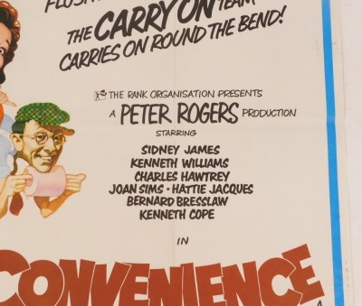 A 1970s film poster for Carry On At Your Convenience, 75cm x 102cm. Mike Bell was a prolific artist of film posters throughout the 1970s, 80s, and 90s. His leading posters, as documented, include Robert Bolt's Lady Caroline Lamb, and Romancing The Stone. - 2