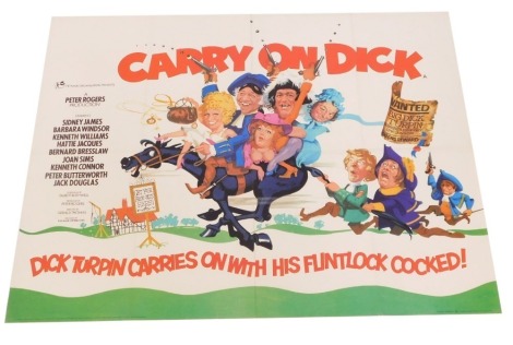 A 1970s film poster Carry On Dick, 75cm x 102cm. Mike Bell was a prolific artist of film posters throughout the 1970s, 80s, and 90s. His leading posters, as documented, include Robert Bolt's Lady Caroline Lamb, and Romancing The Stone. The collection has