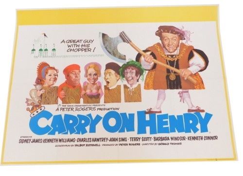 A 1970s film poster Carry On Henry, 75cm x 102cm. Mike Bell was a prolific artist of film posters throughout the 1970s, 80s, and 90s. His leading posters, as documented, include Robert Bolt's Lady Caroline Lamb, and Romancing The Stone. The collection ha