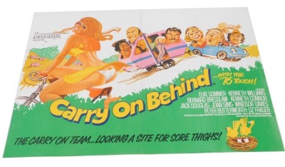 A 1970s film poster Carry On Behind, With The 76 Touch, 75cm x 102cm. Mike Bell was a prolific artist of film posters throughout the 1970s, 80s, and 90s. His leading posters, as documented, include Robert Bolt's Lady Caroline Lamb, and Romancing The Ston