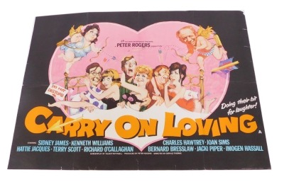 A 1970s film poster Carry On Loving, 75cm x 102cm. Mike Bell was a prolific artist of film posters throughout the 1970s, 80s, and 90s. His leading posters, as documented, include Robert Bolt's Lady Caroline Lamb, and Romancing The Stone. The collection h