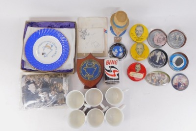 A collection of Bing Crosby ornaments and trinkets, a Bing golfing handkerchief, "To Burt Day", signed Bing Crosby, black and white photographs, a small ceramic head, International Crosby Circle plate, plaque, mugs, paperweights, Bing Crosby Ice Cream Van - 2