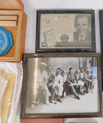 A collection of Bing Crosby ornaments and trinkets, a Bing golfing handkerchief, "To Burt Day", signed Bing Crosby, black and white photographs, a small ceramic head, International Crosby Circle plate, plaque, mugs, paperweights, Bing Crosby Ice Cream Van - 9