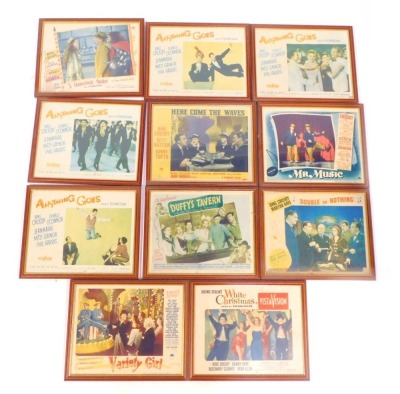 A group of Paramount Picture film advertising posters, including Anything Goes, Starring Bing Crosby, Irving Berlin's White Christmas in Vista Vision, Variety Girl, Connecticut Yankee, Mister Music, Here Come The Waves, and Double or Nothing, each in an o