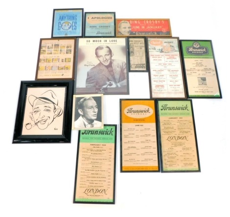 A collection of Bing Crosby artist posters and advertising boards, to include Paramount Services, Anything Goes, So Much in Love recorded by Bing Crosby, Emery Music, Decca Records, Brunswick Records release boards, etc, framed. (a quantity)