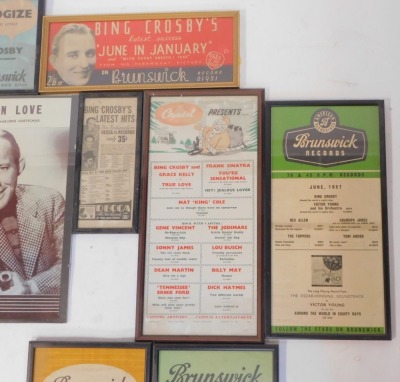 A collection of Bing Crosby artist posters and advertising boards, to include Paramount Services, Anything Goes, So Much in Love recorded by Bing Crosby, Emery Music, Decca Records, Brunswick Records release boards, etc, framed. (a quantity) - 3