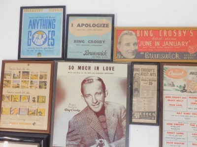 A collection of Bing Crosby artist posters and advertising boards, to include Paramount Services, Anything Goes, So Much in Love recorded by Bing Crosby, Emery Music, Decca Records, Brunswick Records release boards, etc, framed. (a quantity) - 4