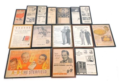 A collection of Bing Crosby advertising posters, to include Art Carved Diamond Rings, Persona Precision Blades, USA Savings Bonds, Bolex and others, each framed. (a quantity)