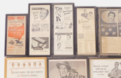 A collection of Bing Crosby advertising posters, to include Art Carved Diamond Rings, Persona Precision Blades, USA Savings Bonds, Bolex and others, each framed. (a quantity) - 6