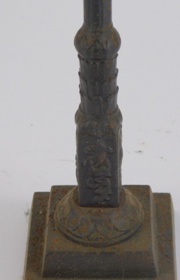 A late 19thC German cast iron watch holder, by E G Zimermann, of lampost form, with a square set top on reeded floral column, above a stepped foot, impressed marks, 25cm high. - 2