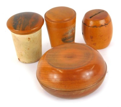 A group of mauchline ware boxes, comprising a The Pier Southsea Hants pin box, 7cm high, a treen string box, 5cm high, a needle case with Village of Kinloch Rannoch, plain body, 7cm high, and a two tier twist lid storage box, 10cm diameter. (4)