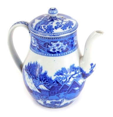 A Wedgwood Fallow Deer pattern blue and pottery white coffee pot, the top with a shaped knop, 16cm high.