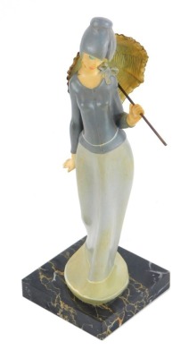 A figure of a female carrying parasol, on a marble base, the figure composite, impressed to base of dress DEPOSE ITALY 2011, 30cm high.