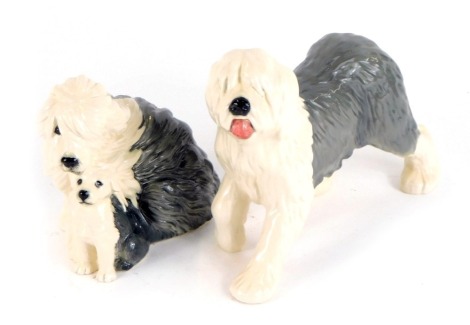 Two Old English Sheepdogs, comprising a Royal Doulton Mother and Pup figure group, 12cm high, and a Royal Doulton English Sheepdog, in running pose, 17cm diameter. (2)