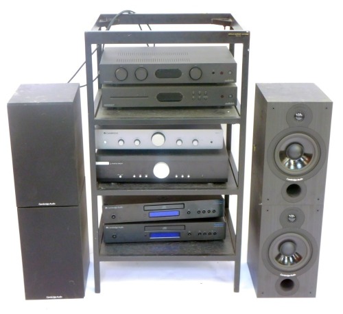 A cased hi-fi system, comprising Audiolab 6000A, Audiolab 600CDT, Cambridge AXA25, M2SI My Music Fidelity, Cambridge Audio Topaz CD10 (x2), and four Cambridge Audio SX-60 speakers, on an Apollo Support hi-fi system cage, with two Audiolab remote controls,