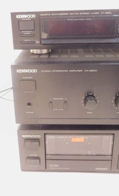 HI-Fi equipment, comprising a Kenwood Quartz synthesizer AM-FM Stereo tuner KT-660L, a Kenwood Stereo integrated amplifier KA-660D, and a Kenwood Stereo cassette deck, KX-660HX. (3) - 2