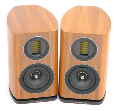 A pair of Wharfdale wooden cased EVO 4.1 speakers, serial no WH063305CIA0010, 33.5cm high.