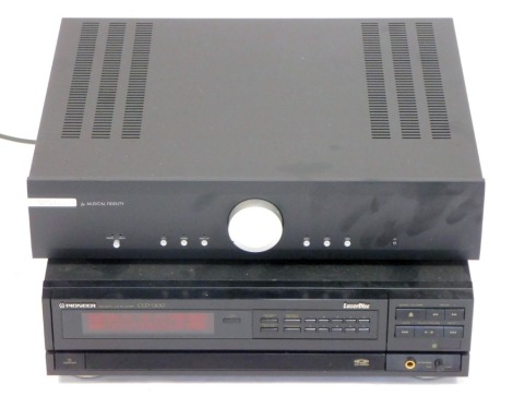 Hi-fi equipment, comprising a M2SI Music Fidelity integrated amplifier, and a Pioneer CLV CD player, CLD1200, with two remote controls. (2)